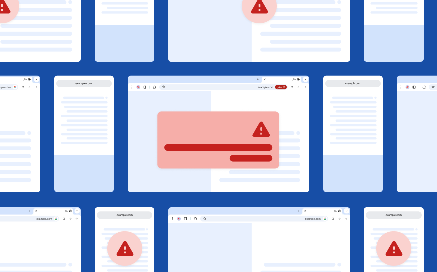 صفحات ويب عامة معروضة بشكلٍ عائم على خلفية زرقاء داكنة، مع نافذة منبثقة حمراء ورمز تنبيه أحمر في المقدمة